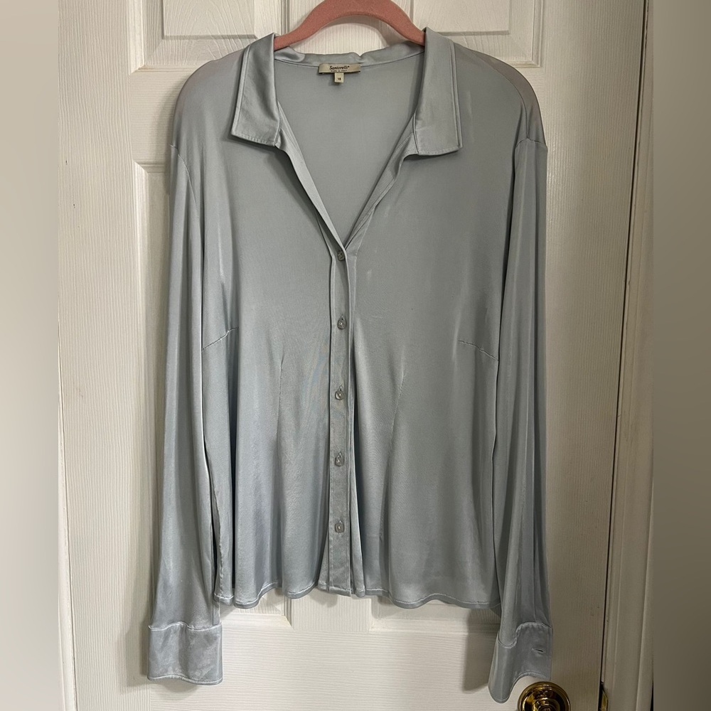 Santorelli Audrey Button Up Top in Ice Blue Made in Italy